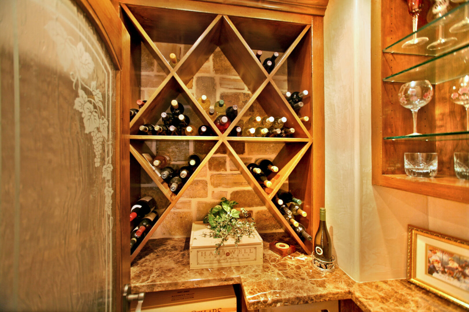 A wine cellar with lots of bottles on the shelves.