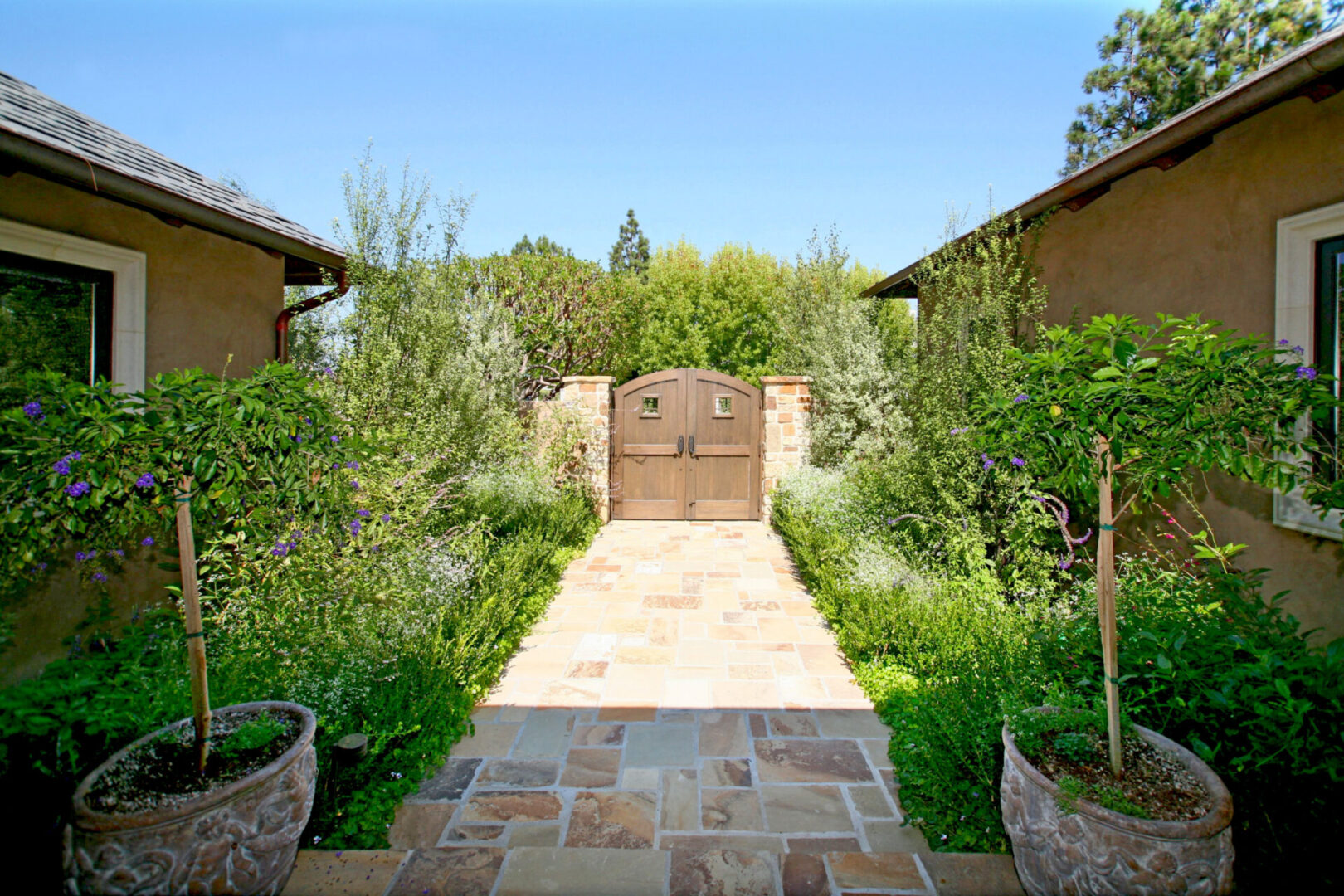 A walkway with two gates and plants in the middle.