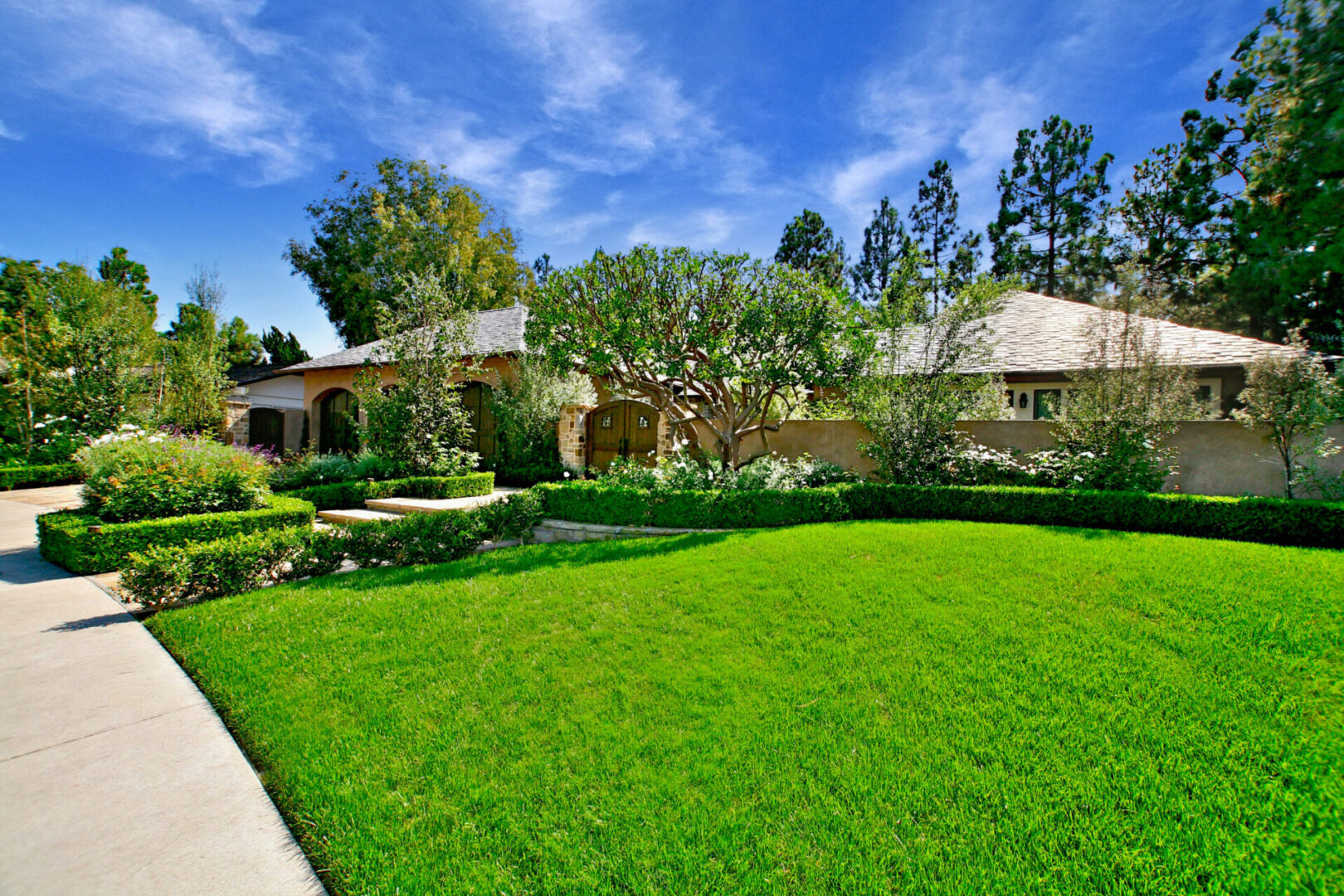 A large lawn with trees and bushes in the background.